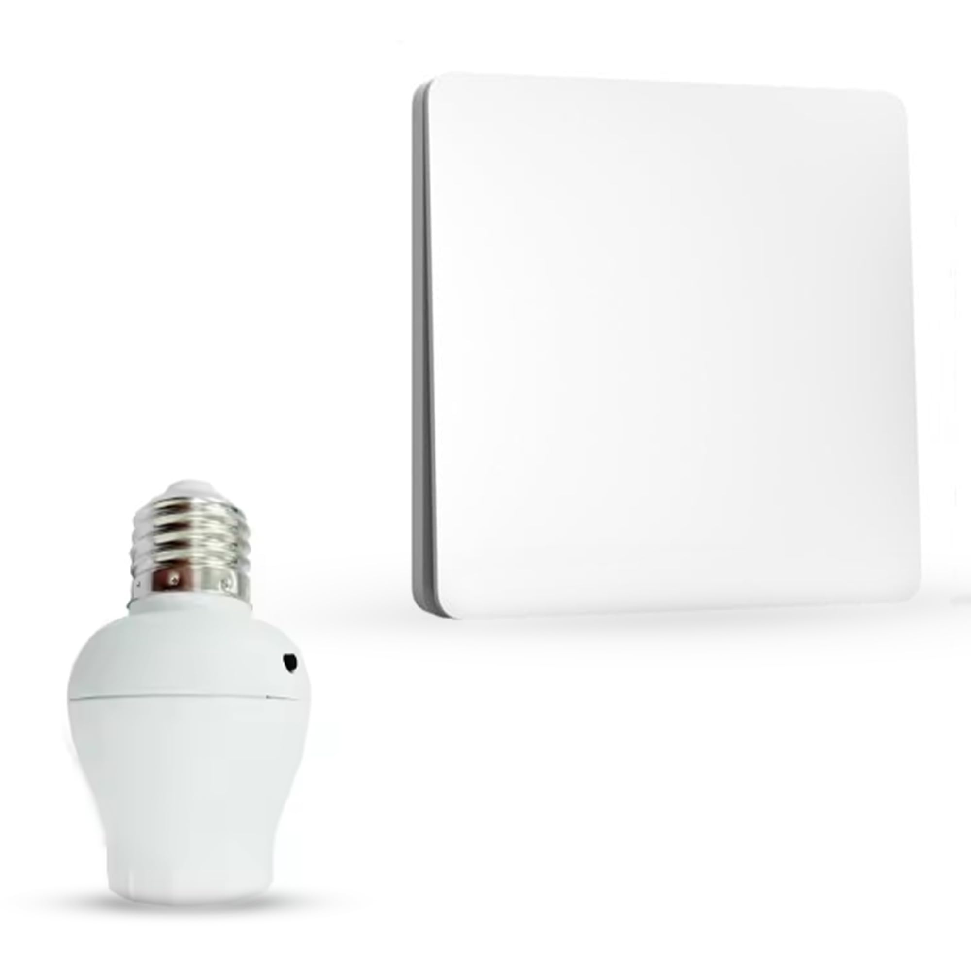 Kit interruptor de control inalámbrico ni batería con adaptador de enchufe E27 conectado, funciona con energía cinética, mando a distancia ON/OFF para lámpara bombilla LED, alcance 50 m, color blanco