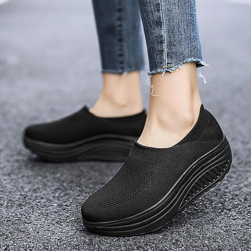 Image of Women's Knitted Platform Slip On Walking Sneakers,Comfort Lightweight Arch Support Non Slip Casual Mesh Breathable Workout Work Shoes