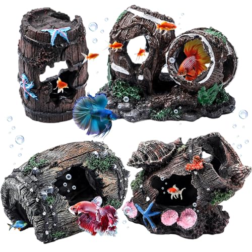 Wenqik 4 Pcs Fish Tank Decorations Broken Barrel Betta Hideout Cave Ornaments Aquarium Decorations Cave Large Fish Tank Ornaments for Small Shrimp Hide Pond(Classic)