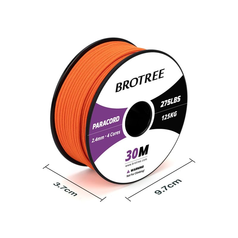 Brotree 275 Paracord 2.4mm Tactical Cord 30M Nylon Rope 4 Strands Parachute Cord for Outdoor Craft, DIY - 125kg Breaking Load (Orange) - Image 2