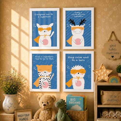 Image of PAINTINGMANTRA Animal Superheroes Colourful Nursery Wall Art Painting for Kids Room Decoration, Cartoon Painting For Home Decor Wall Hanging Decorative gifts, Set of 4, 9x13 Inch