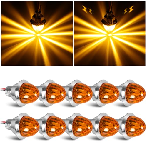 10PCS Mini Watermelon Lights 3/4 Inch Strobe & Constant Dual Function Amber LED Watermelon Lights IP65 Waterproof Side Clearance Tail Griller Flash Lights Turn Signal for 12V Semi Trailers Trucks RV