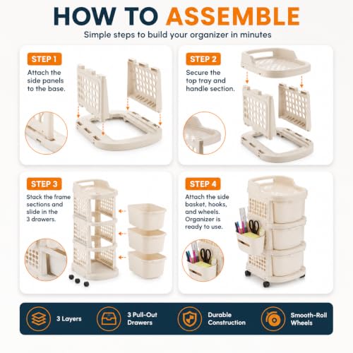 Image of Homeor 3 Tier Plastic Storage Drawer Cabinet with Wheels | Modular Chest of Drawers Organizer with Side Basket & Handle | Storage Trolley Rack for Home, Kitchen, Bedroom, Office, Kids Room (Ivory)