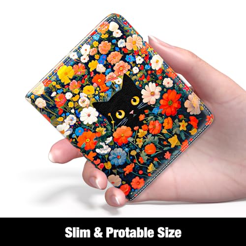 Rouidr Womens Wallet, RFID Small Slim Wallet for Women, Cute Bifold Leather Pocket Credit Card Holder Ladies Mini Purse with Zipper Coin Pocket & ID Window, Colorful Flowers Cat2