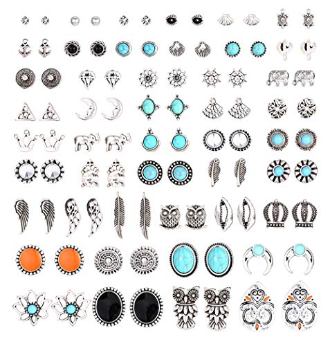 YADOCA 46 Pairs Vintage Multiple Assorted Boho Stud Earrings for Women Simple Geometric Stud Earrings Set Round Turquoise Earrings for Men Stainless Steel CZ Elephant Moon Feather