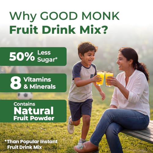 Image of Good Monk Fruit Drink Mix (Natural Pineapple Powder), 50% Less Sugar with 8 Vitamins & Minerals (Vitamin B12, C, D, Iron & more) | Tasty & Healthy Drink Mix for Hydration, Energy, Immunity, 24 Sachets