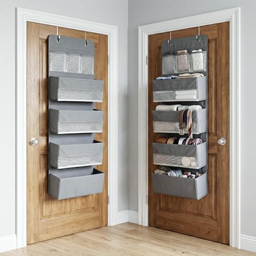 Image of CLAPONE Over the Door Organizer /Large Pockets - Anti-Tilt Hanging Storage for Bedroom /Closet Door Storage /Bathroom /Pantry /Nursery /Bedroom (Grey, 4 Shelf Hanging Door)