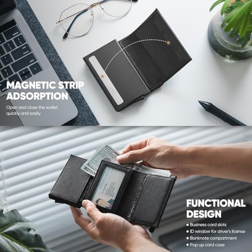 Image of VULKIT Pop up Wallet Minimalist Cash Wallets RFID Blocking Leather Smart Credit Card Holder with Magnetic Closure for Men