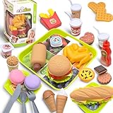 Pisghi 30 Pcs Fast Food Cooking Play Food Toys Set for Kids with Hamburger, Fries, Hot Dog, Coke, Ketchup, and Tray, Pretend Kitchen Playset with Gift Box for Christmas Bithday Party Supplies