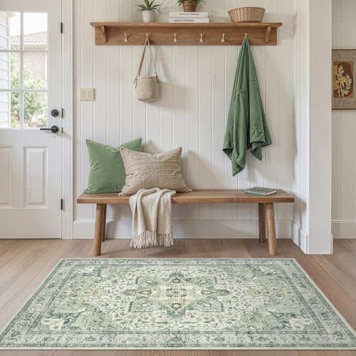 Tortania Area Rug Living Room Rugs - 3x5 Washable Rug Vintage Oriental Distressed Farmhouse Small Thin Indoor Carpet for Living Room Bedroom Under Dining Table Home Office - Green