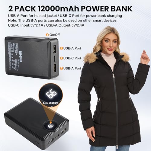 Heated Women Jacket, 2 Pack 12000mAh Power Bank, 5 Heat Zone, 4 Heating Level2