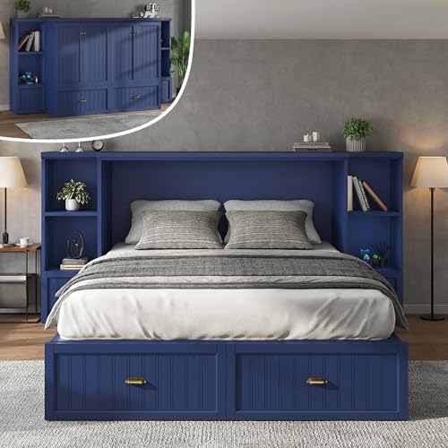 AMERLIFE Full Size Murphy Bed with Bedside Tables, Foldable Cabinet with 3 Storage Drawers &...