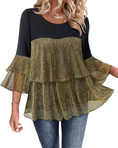 Bebonnie Womens Fall Fashion 2025 Flowy: Elegant Sequin Sparkly Fancy Blouses with Bling Business Casual Tunic Tops for Women Loose Fit Plus Size Dressy Shirts Evening Party Wedding Black Gold 3XL