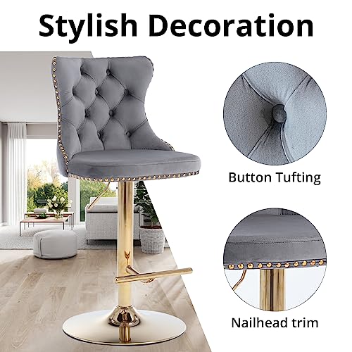 I-Pook Swivel Bar Stools Set Of 2, Adjustable Counter Height Barstools With Nailheads Trim, Button Tufted Back And Golden Footrest, Velvet Upholstered Bar Chairs For Home Bar Kitchen Island, Gray #TOP4