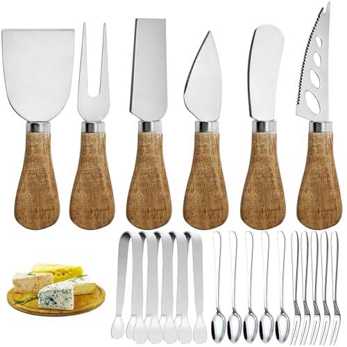 Charcuterie Board Accessories Set - Stainless Steel Spreader Knives with Wooden Handles, Mini Serving Tongs, Spoons & Forks for Parties, Weddings & Holidays (6pc Knives + 15pc Tools)