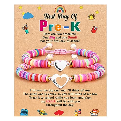 Image of First Day of Kindergarten /Pre K /School Mother Daughter Bracelets Matching Heart Wish Bracelet Set for 2 Gifts