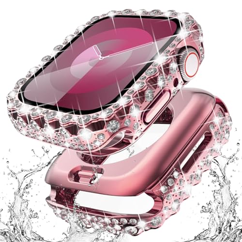 Surace 2 in 1 Waterproof Bling Case Compatible for Apple Watch Series 6 5 4 SE 40mm Screen Protector, Lace Edge Diamond Protective Bumper Face Cover for iWatch Accessories Women, 40mm, Pink