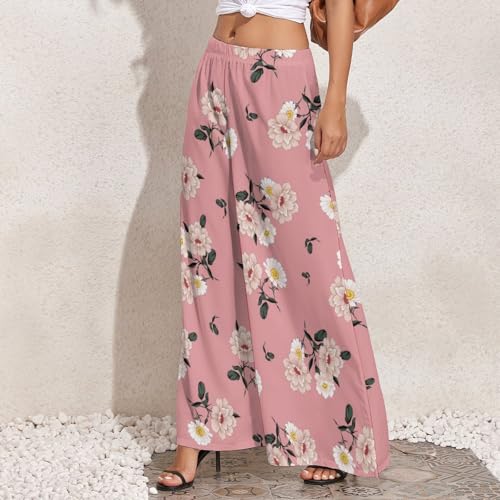 VOSERY Rose Flowers Pink Palazzo Pants for Women, Comfy Womens Wide Leg Baggy Pants, Casual Lounge Pants for Women2