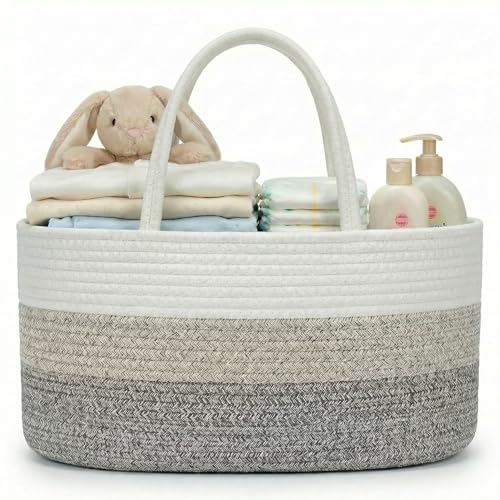 Image of luxury little Diaper Caddy Organizer, Large Cotton Rope Nursery Baby Basket, Changing Table Organizer for Baby Diaper Storage, Portable Car Organizer Removable Divider (Gradient Brown, Extra Large)