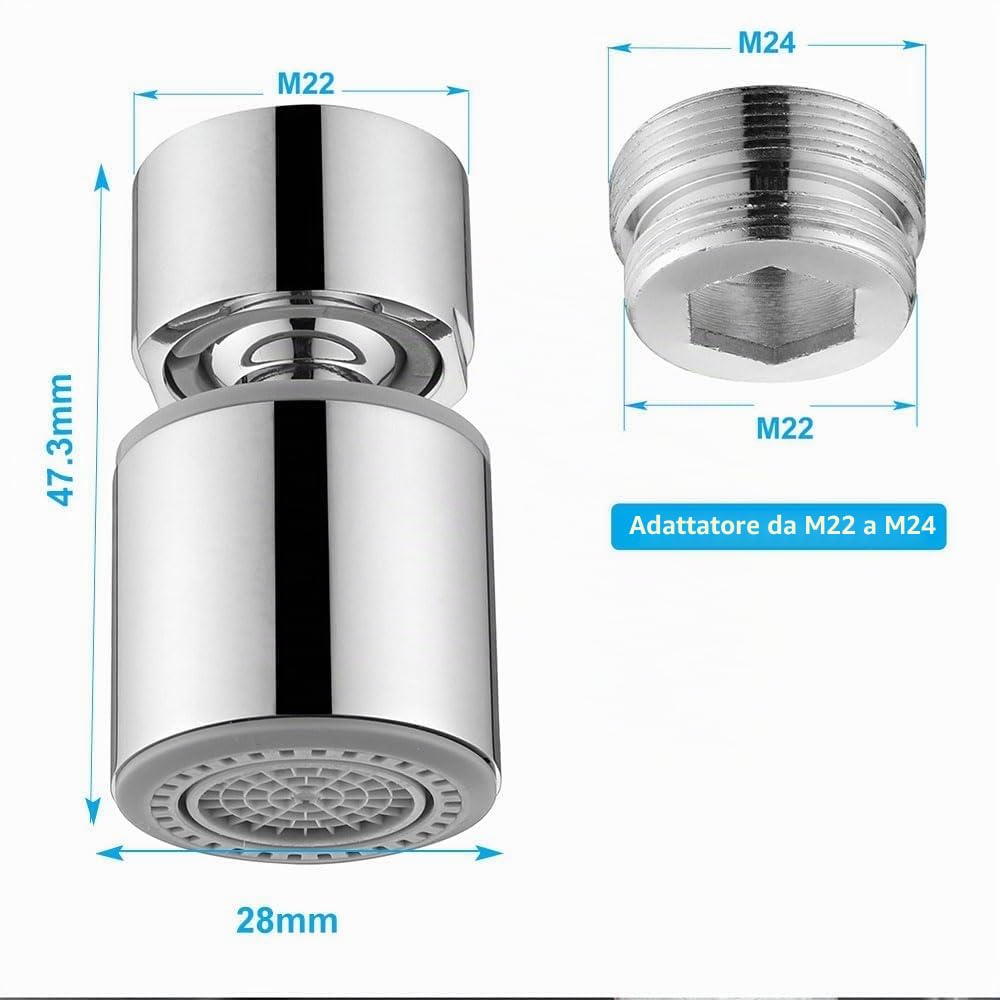 ONECE Aeratore Girevole a 360° per Rubinetto con 2 Modalità, con Adattatori per Filettatura Interna M22 e M24, Aeratori Esteso con Filtro Antispruzzo per Rubinetti da Cucina e da Bagno, Cromata