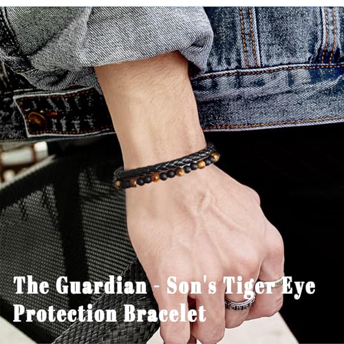 The Guardian - Son's Tiger Eye Protection Bracelet, Leather Black Beaded Bracelets for Women & Men with Engarved Name, Cuff Bangle Mens Beaded Bracelets, To My Son Bracelet from Mom, Mens Gifts2
