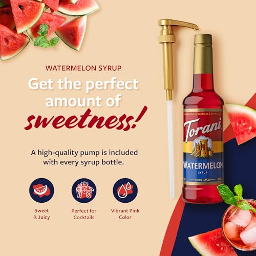 Image of Torani Watermelon Syrup for Drinks, Flavoring for Sodas and Cocktails, Pump Included, 25.4 Oz
