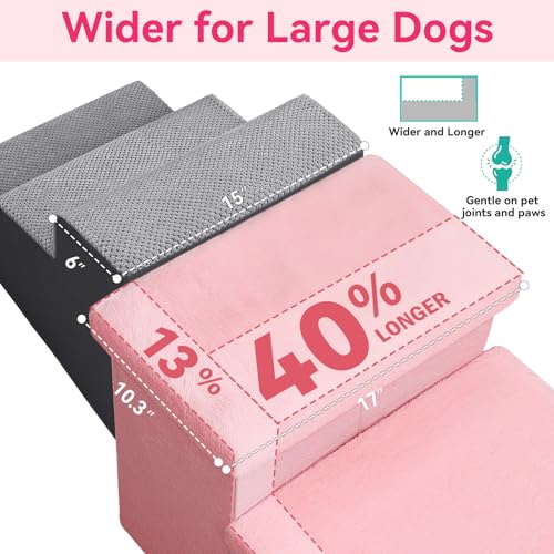 Image of Dog Stairs with Furry Lids 18 inch H, 3-Step Wider Dog Steps with Storage for Small /Medium /Large Dogs Cats, Folding Sturdy Pet Stairs Climbing Bed or Sofa, Ramp for Car Hold Up to 200 lbs, Pink