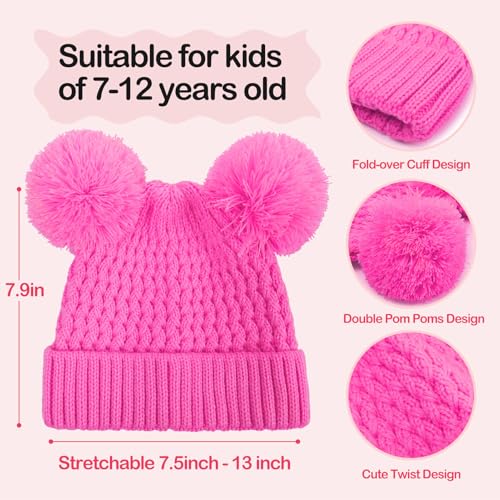 Kids Winter Hat Warm Knitted Beanies with Double Pom Pom Thick Ski Cap for Boys Girls 7-12 Years2