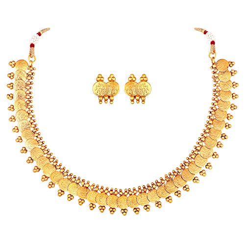 Aheli Gold Tone Indian Goddess Laxmi Coin Necklace Earrings Set South Indian Ethnic Wedding Party Wear Fashion Jewelry for Women