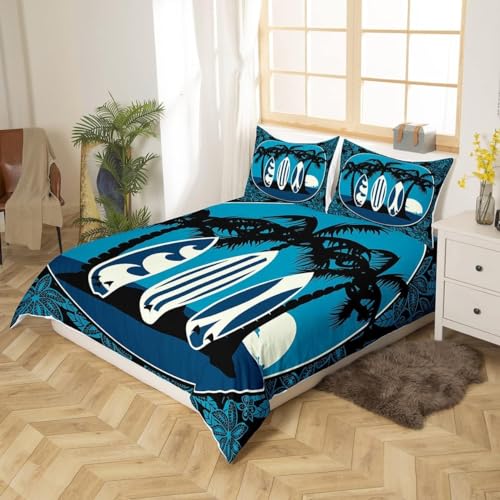 Homemissing Double Palm Trees Bedding Set Surfing Duvet Cover Surfboard Bohemian Flowers Comforter Cover Set Hawaii Tropical Islands Blue Room Decoration - Image 3