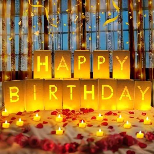 Image of Happy Birthday Decorations for Women Men, Light Up Letters Luminary Bags with 30PC Bright LED Candles and 2000PC Fake Rose Petals, Surprise Birthday Party Banner Signs