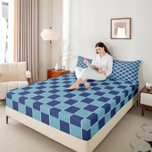 Image of Erosebridal Blue Plaid Bed Sheets Full Navy Blue Checkered Sheet Set Geometric Grids Gingham Bedding Set for Kids Boys Girls,Soft Lightweight Fitted Flat Sheets 4 Piece