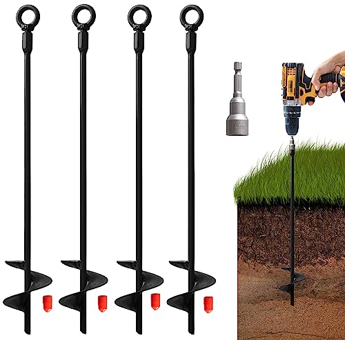 VASGOR 18” Ground Anchors (4pcs) Easy to Use with Drill, 30mm Diameter, Heavy Duty Anchor Hook for Camping Tent, Canopies, Car Ports, Sheds, Swing Sets, Securing Animals – Black Powder Coated