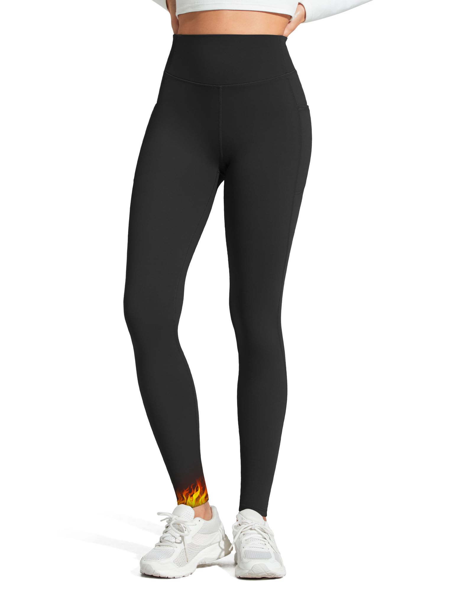 G4Free Barefeel Legging de yoga doublé en polaire avec 2 poches pour femme - Pantalon d'entraînement thermique décontracté - 63,5 cm/68,6 cm