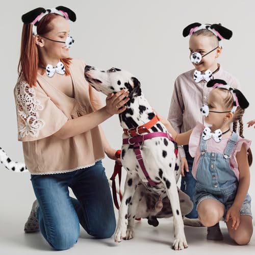5 Stücke Halloween Tier Welpen Hund Kostüm Set Enthalten Welpen Ohren Stirnband Fliege Gefälscht Nase Schwanz Hundepfote Handschuhe Tier Kostüm Zubehör für Cosplay Party (Schwarz Weiß, Niedlicher)