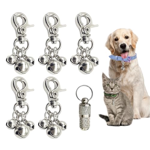 Clochette Chien pour Collier, 5 Pièces en Alliage de Zinc Argenté avec Pendentif Triple Grelot Chien Chasse Clochette Chat avec 1 Barillet en Laiton pour Chien et Chat