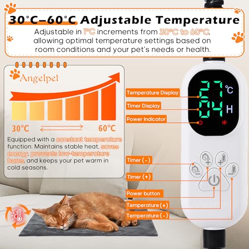 Angelpet Pet Heating Pad for Dogs & Cats L 45x70cm – 30℃~60℃ Adjustable Temperature & 14 Timer (0–12H/24H), Electric Heated Pet Mat with Auto Screen-Off, Chew-Resistant 1.8m Cord, 2 Washable Covers - Image 4