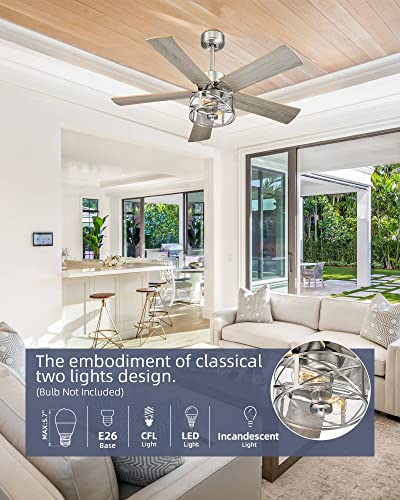 Image of YOUKAIN Farmhouse Ceiling Fans, 48 Inch Industrial Ceiling Fan with Light and Remote Control, Clear Glass, 5-Reversible Blades with Gray Oak /Burlywood Finish, 52-YJ632-BN