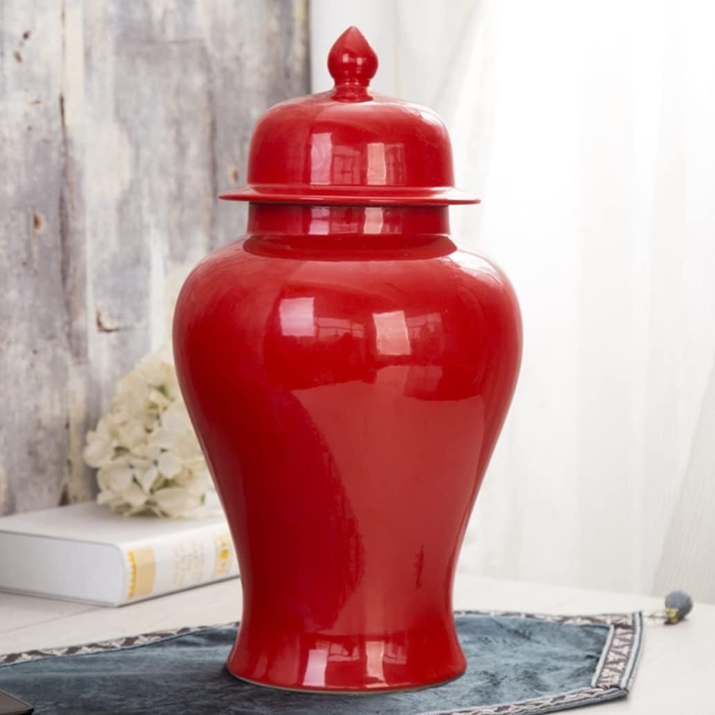 Food Storage Jar,Decorative Jar Ginger Jar Vase Decor Simple Ceramic Ginger Jar Vase with Lid Red Large Chinese Antique Porcelain Temple Jars with Lid Ginger Jars Storage,A-25 * 47Cm