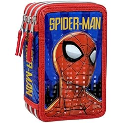 Clondo Spiderman Estuche 44 Piezas para bolígrafos, Caja para artículos de papelería, Estuche Educación Primaria, Rotuladores y lápices de Color, para niños y niñas, Plumier 3 Compartimentos