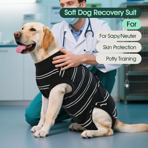 Image of Kuoser Dog Surgery Recovery Suit, Soft Breathable Dog Recovery Suit for Female Spay Male Nueuter, Anti Licking Puppy Onesie Pet Surgical Suit for Dogs Abdominal Wounds Skin Disease, Black Strips XS