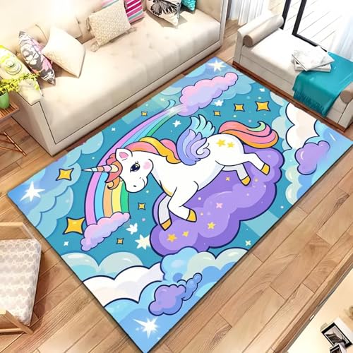 Alfombras Infantil Unicornio Flores Nubes Arcoíris Estrellas, Hogar Decor Carpet Franela Antideslizante Alfombra Habitación Niñas, para Sala de Estar, Dormitorio, Sala de Juegos, 80x120 cm, Azul 3