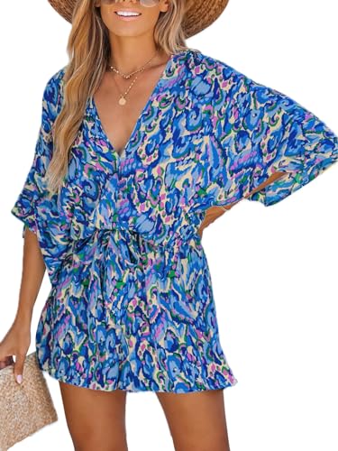CUPSHE Women's Summer Romper V Neck 3/4 Sleeve Loose Drawstring Vacation Mini Jumpsuit Wide Leg Outfit Blue, M