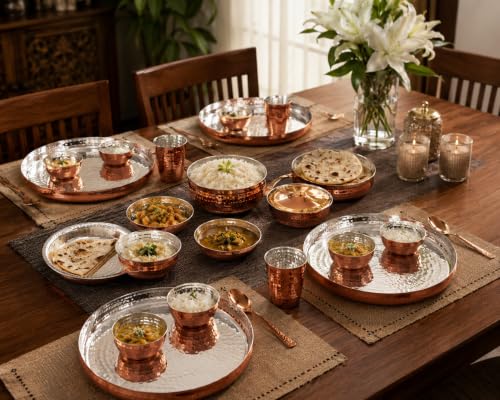 Image of Silverglow Hammered Stainless Steel Copper Dinner Set for 4 People, Pure-Copper thali Set of 24pcs, Durable, Ideal Gift for Anniversary, Wedding, Diwali, Hotel thali