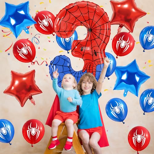 Image of 15 Pcs Spider Birthday Decorations 40 Inch Giant Number 3 Foil Balloon Star Foil Red Blue Balloons Birthday Party Decorations for Boys Kids Girls Anniversary Baby Shower Party Supplies Gifts