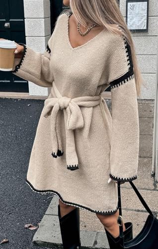 CHARTOU Causal Loose Straight Fit Sweater Dress for Women Fall 2025 Outfit Contrast Jumper Knit Sweater with Belt2