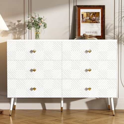 Wyibwy Aparador de cocina con 6 cajones y amplio espacio para guardar objetos, cajonera blanca con motivos geométricos y pomos de diamante, aparador salón 120 x 40 x 80 cm, para salón, comedor