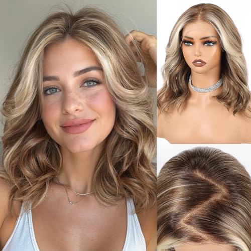 HAIRCUBE 13x6 HD Lace Front Wig for Women 16-Inch Heat Resistant Synthetic Wavy Hair Shoulder Length Glueless Lace Wigs for Daily Party&Date (Blonde balayage)
