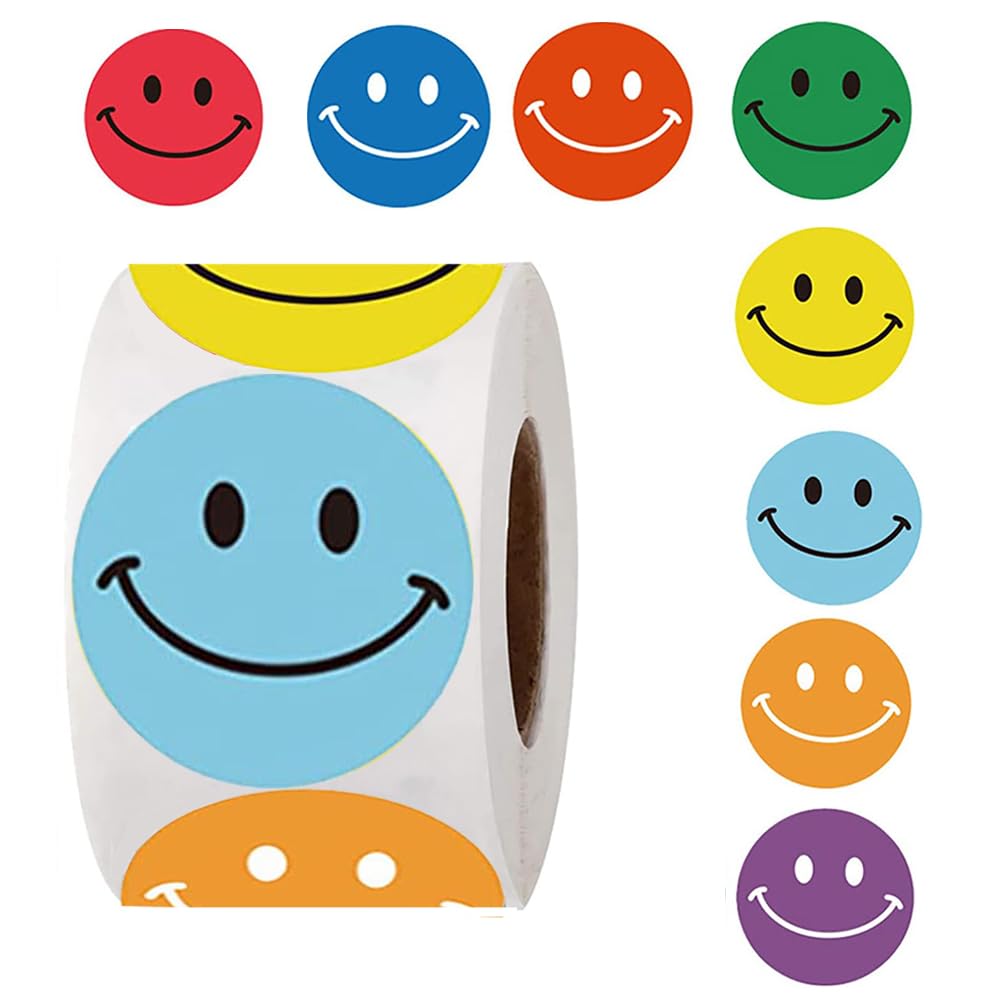 abyomon 1 Inch Smile Face Stickers for Kids，500 Pcs Self Adhesive Happy Face Stickers Roll，Teacher Kids Reward Labels，Colorful Incentive Stickers for Students,Classroom