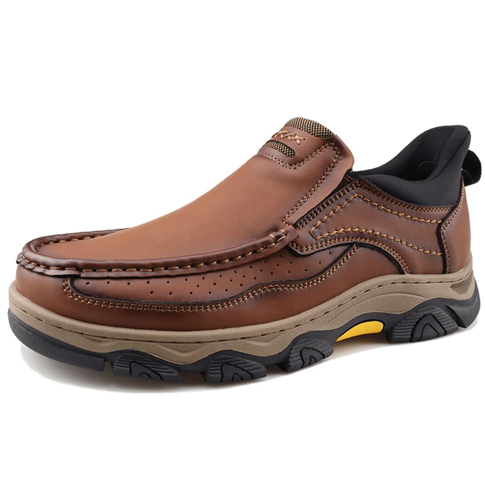 YONGJIA Mens Hands Free Slip in Loafers Walking Slip on Leather Casual Comfortable Breathable Shoes